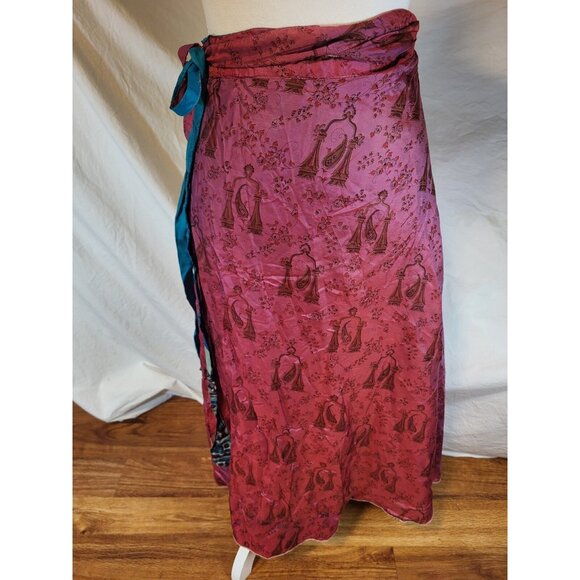 100% Silk Wrap Boho Skirt Reversible S/M Made In Nepal - Picture 1 of 5